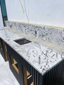 Engineered quartz kitchen countertop with waterfall edge, Tampa Bay 